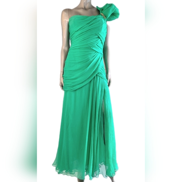 $5,990 OSCAR DE LA RENTA STUNNING VIVID GREEN SILK RUNWAY GOWN US 12 XL - Picture 2 of 16